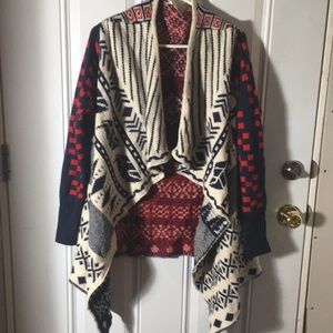 Aztec geometric shaped checkerboard sleeves red white and blue open cardigan M/L